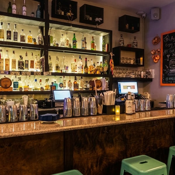 A vibrant bar with a fully stocked liquor shelf, bar stools, and a colorful hummingbird mural.