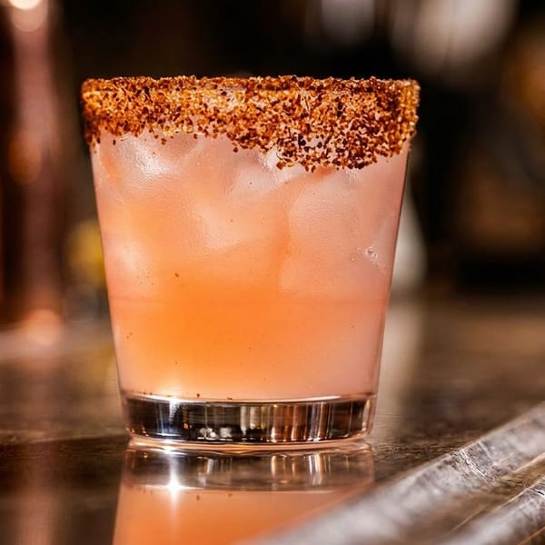 Pink cocktail with ice and a spiced rim sits on a reflective bar surface.