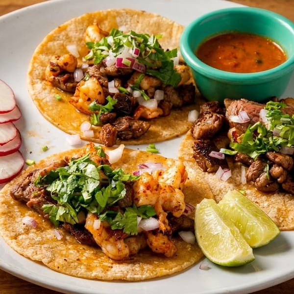 Three tacos with shrimp and steak, topped with cilantro and onions, served with salsa, radishes, and lime.