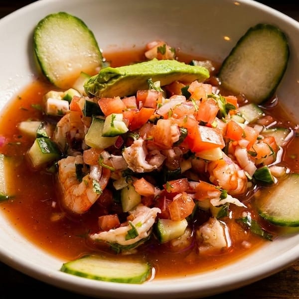 Shrimp ceviche with diced tomatoes, cucumbers, and avocado in a white bowl on a wooden table.