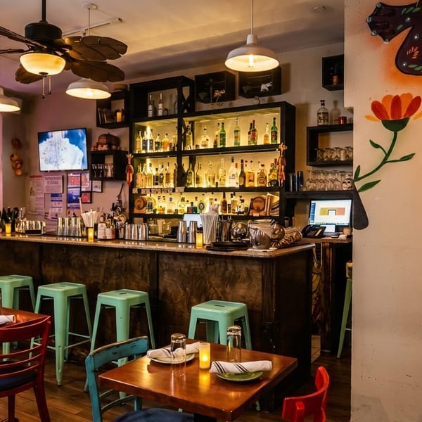 A vibrant restaurant interior with a fully stocked bar, dining tables, and a colorful lizard mural.