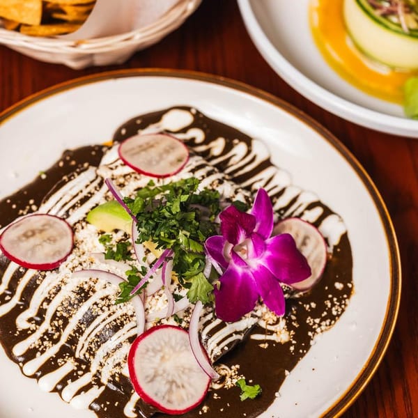 Enchiladas with dark mole sauce, crema, radishes, cilantro, avocado, and a purple orchid garnish.