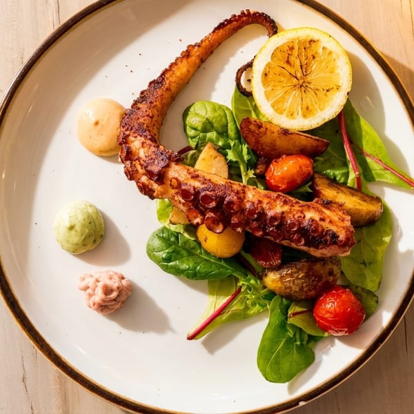 Grilled octopus tentacle with roasted potatoes, cherry tomatoes, greens, lemon, and three sauces.