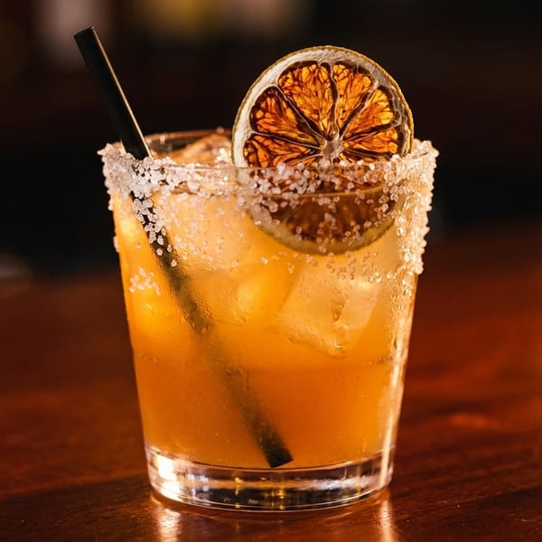 A vibrant orange cocktail with a salted rim, ice, a black straw, and a dried orange slice.